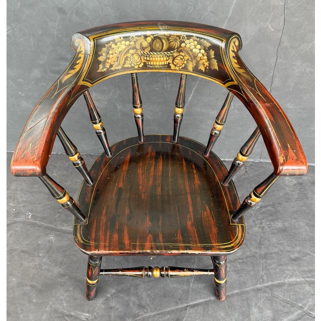 American Ebonized Captain's Chair With Federal Style Fruitful Bounty Basket For Sale - Image 9 of 16