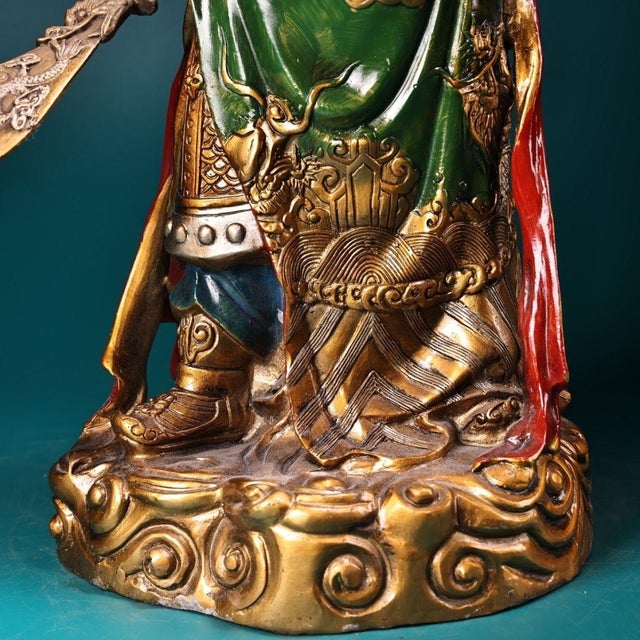 Metal Late 19th Century Polychrome Bronze Guan Gong Statue, Warrior Figure, 5kg For Sale - Image 7 of 9