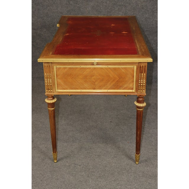 Wood 19th C French Louis XVI Style Leather Top and Bronze Ormolu Desk With Pull Panel For Sale - Image 7 of 16