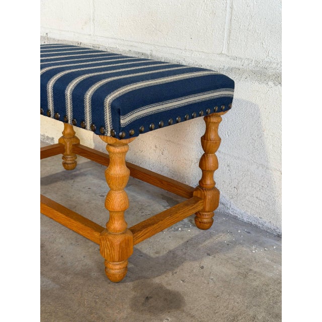 Wood Blue Striped Upholstered Oak Ottoman Danish Mid-Century Modern 1970s For Sale - Image 7 of 9
