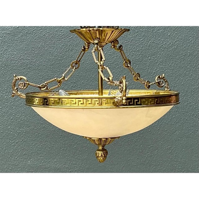 Metal Vintage Metal and Glass Greek Key Pendant Light For Sale - Image 7 of 12