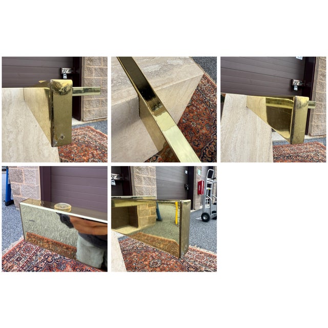 Vintage Pyramid Shaped Beige Travertine and Brass Dining Table Pedestal Base Attr. Artedi For Sale - Image 16 of 18