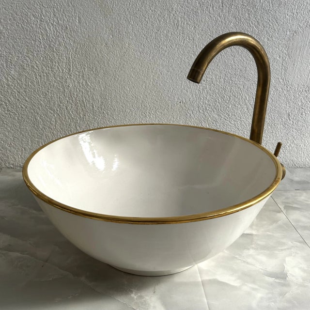 Milk White Ceramic Sink With 14k Gold Rim Vessel Round Sink Bowl Basin With Drain For Sale - Image 4 of 8
