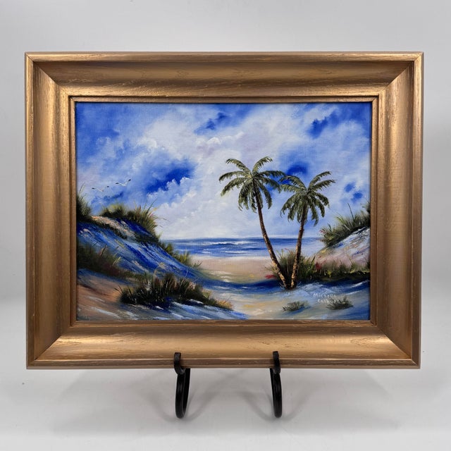 Coastal Palm Tree Beach Original Painting in Gold Frame For Sale - Image 9 of 12