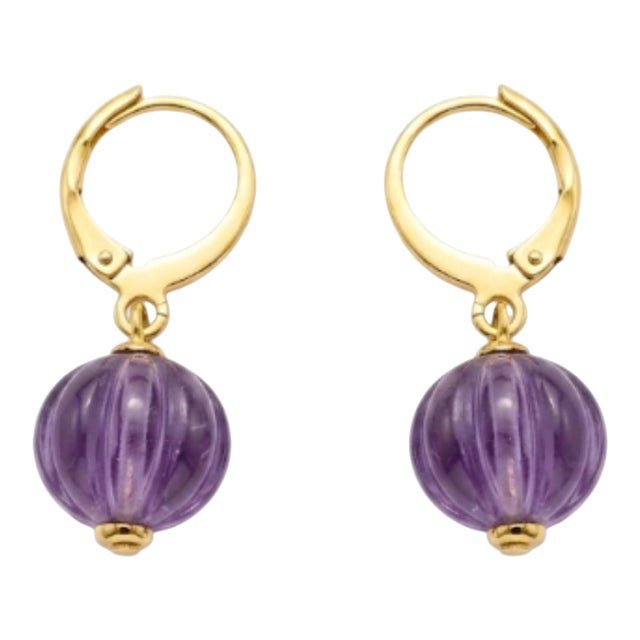 Natural Amethyst 8.45cts & Emerald 0.10cts Earring in 14k Gold For Sale