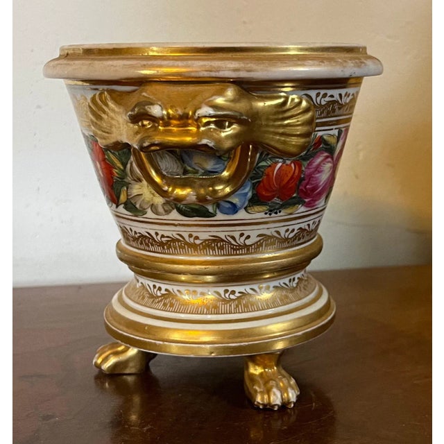 English Antique Early 19th Century Coalport Porcelain Cachepot or Flower Pot Decorated With Flowers and Dolphin Handles For Sale - Image 3 of 12