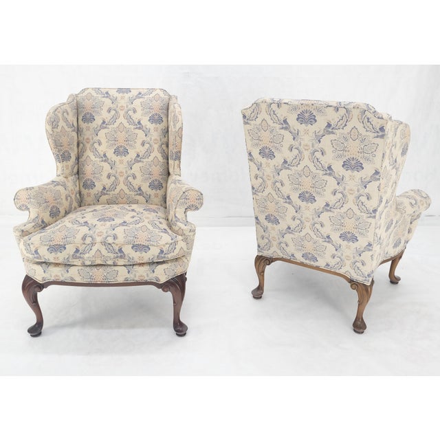 1970s Pair of Queen Ann Carved Walnut Bases Blue & White Upholstery Arm Chairs For Sale - Image 5 of 12