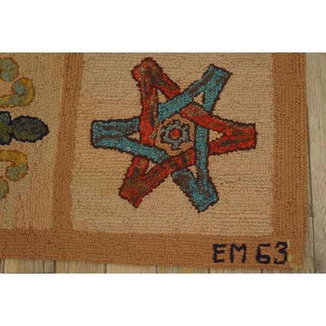 1965s Tan Camel Floral Folk Art Vintage American Hooked Rug 2' 8" X 4' 2" Hand Knotted Wool Carpet For Sale In New York - Image 6 of 11