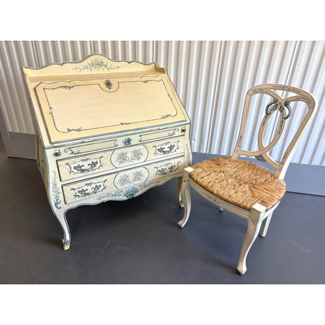 Vintage hand painted blue and white La Barge Secretary desk. Pull down desk with lots of storage! A hand painted wooden...
