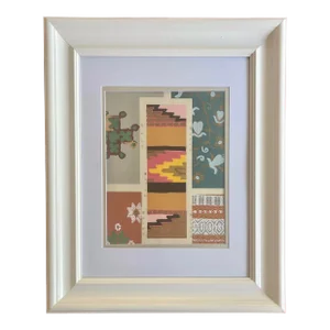 Vintage Japanese Woodblock Print Abstract Colorful in White Frame
