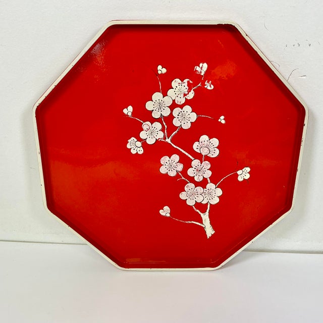 Mid-Century Modern Mid-Century Boho Chic Octagonal Shaped Plastic Serving Tray With Cherry Blossom Design For Sale - Image 3 of 14