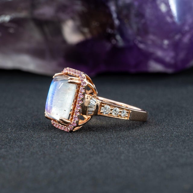 5.9Ct Rainbow Moonstone Ring With Diamond & Pink Sapphire Accents: 14k Gold Ring For Sale - Image 4 of 9