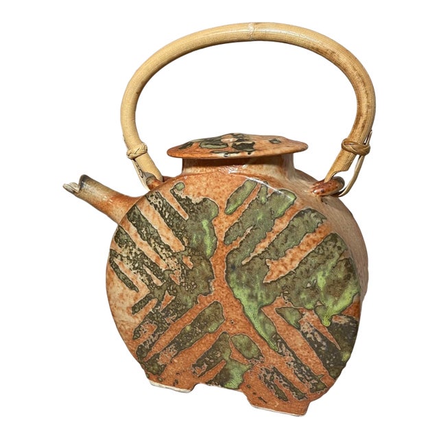 Large Vintage Handmade John Shedd Pottery Gazed Stoneware Bamboo Teapot Kettle For Sale