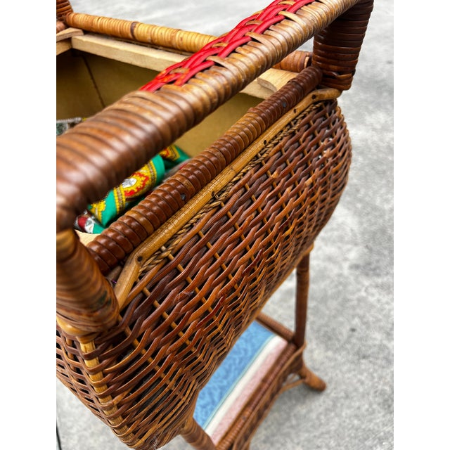 Vintage Large Woven Wicker Double Compartment Standing Sewing Basket For Sale - Image 10 of 12