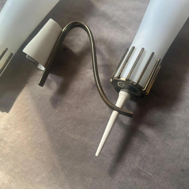 Two 1950s Stilnovo Style Mid-Century Modern Brass and Glass Italian Wall Sconces For Sale - Image 10 of 13