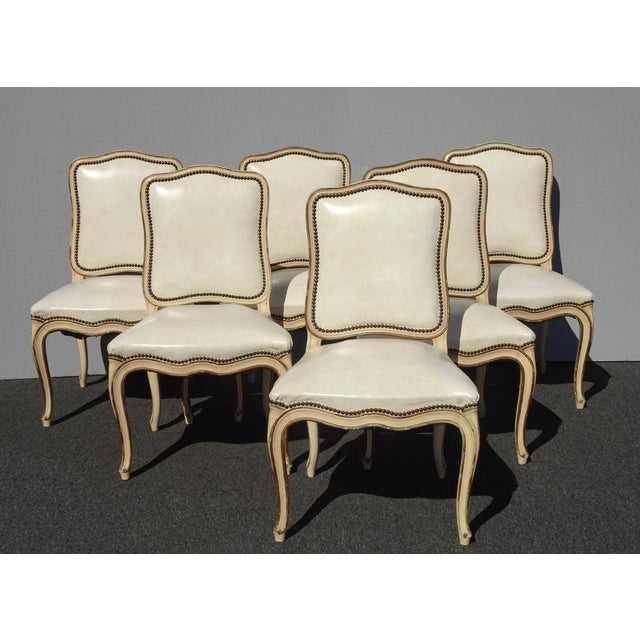 Six Vintage French Provincial Off White Leather Dining Room Chairs