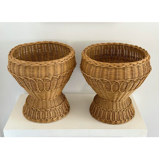 Rattan Pedestal Planter Baskets Large - A Pair For Sale - Image 4 of 7