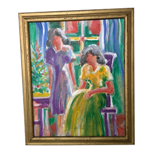 1970s Vintage Colorful Figurative Painting on Canvas Signed Holy ~ Framed