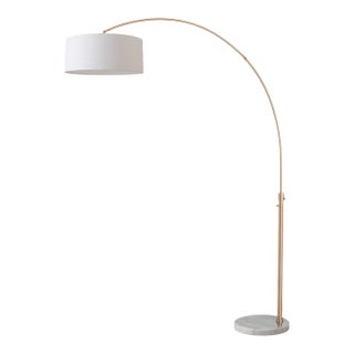 1960s Adjustable Mid Century Brass Floor Lamp 92" Modern Arc Lamp, Dimmable, White Linen Shade, White Marble Base For Sale