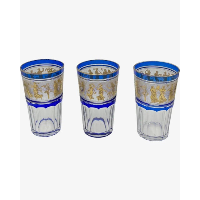 Transparent Vintage Set of 3 Val St. Lambert Danse De Flore Tumbler Glasses Cobalt Crystal For Sale - Image 8 of 12