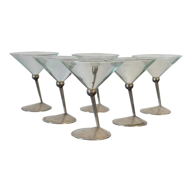Mid-Century Metal and Glass Martini Glasses, Set of 6 For Sale