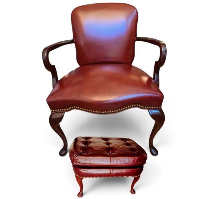 Wood The Ultimate Statement of Traditional Elegance: The Leathercraft Open Armchair & Tufted Ottoman Set For Sale - Image 7 of 12
