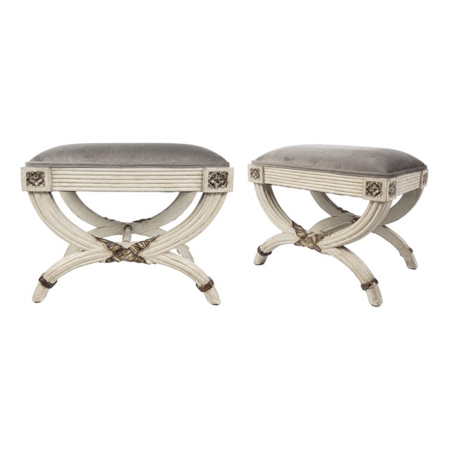 Neo-Classical Gustavian Style Painted Curule Stools / Ottomans in Velvet - Pair For Sale