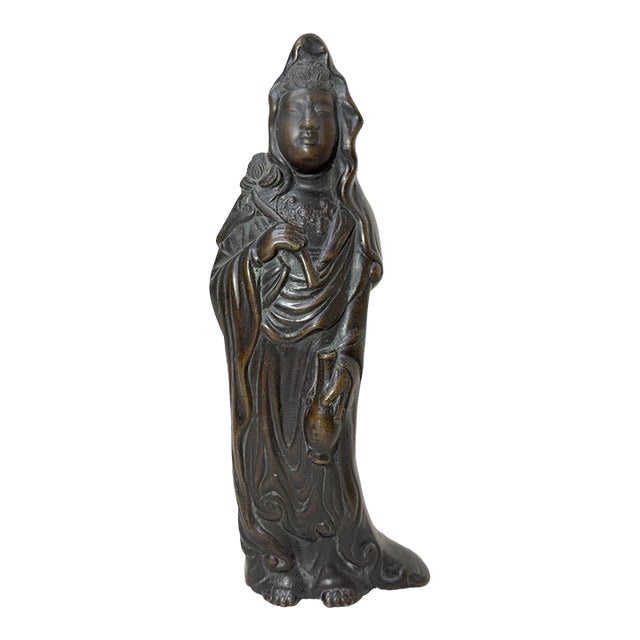 Antique 19th Century Chinese Heavy Cast Bronze Guanyin Statue Sculpture Figure For Sale