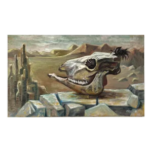 Vintage Expressionist Animal Skull Study in Desert Landscape, Signed (C. 1955, Oil on Canvas)/Georgia O’Keeffe/Francis Bacon