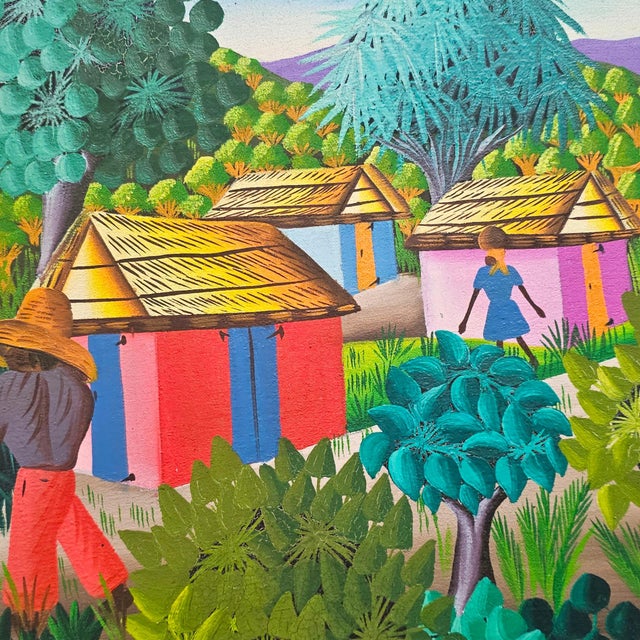 Late 20th Century Signed W. Coulano Haitian Naïve Village Landscape Painting 26" For Sale - Image 5 of 10