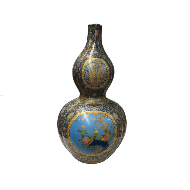 Oriental Purple Blue Gourd Shape Floral Graphic Porcelain Art Vase For Sale - Image 16 of 18