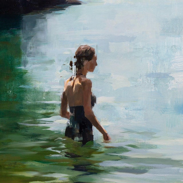 Contemporary Between Sea and Sky by Jon Doran | Oil on Panel Woman Wading Into a Cornish Cove For Sale In Denver - Image 6 of 9