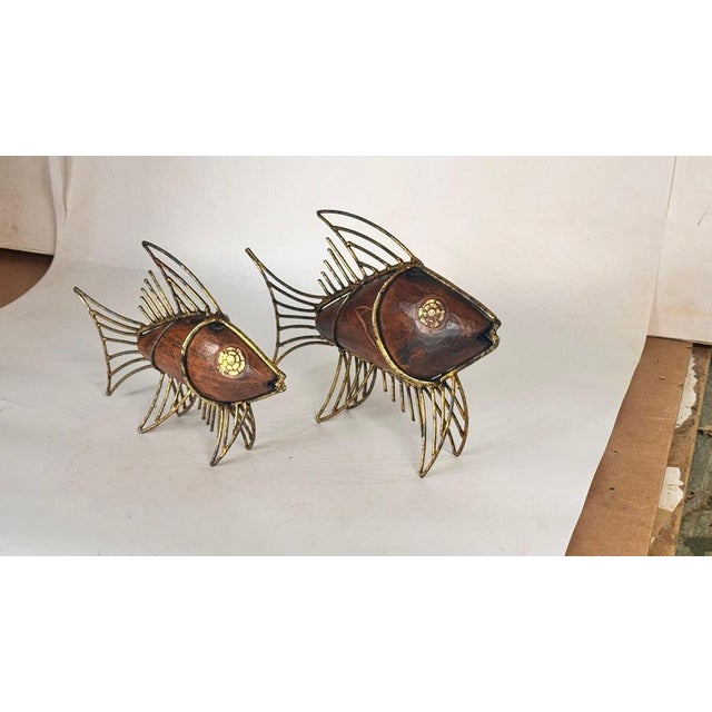 Mid-Century French Fish Sculptures in Wood and Gilded Metal, 1970s, Set of 2 For Sale - Image 5 of 14
