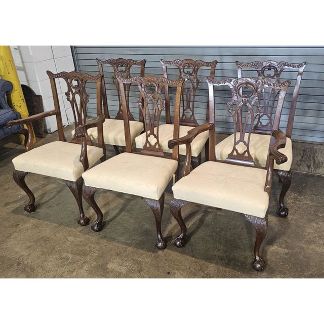 Set of 6 Chippendale Style Solid Mahogany Carved Dining Chairs Claw & Ball Feet For Sale - Image 4 of 9