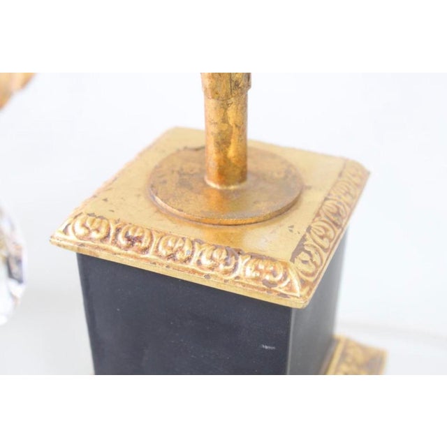 Metal 1950s Foliate Italian Tole Hollywood Regency Gold Gilt and Black Pair of Lamps With Crystals - a Pair For Sale - Image 7 of 12