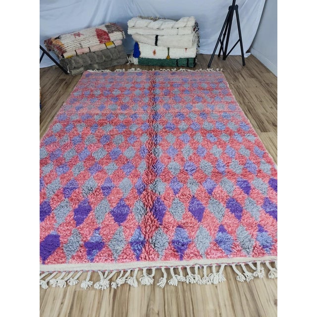 Pink Grey Purple Diamond Handwoven Wool Moroccan Rug For Sale - Image 10 of 13