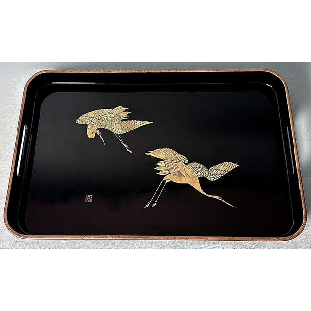 Mid 20th Century Mid 20th Century Japanese Maki Style Black Lacquer Effect Resin Two Trays Gold Painted Cranes - Set of 2 For Sale - Image 5 of 12