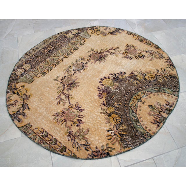 Beige Hand Knotted Round Turkish Rug Upcycled Vintage Circle Area Rug 4'9" X 4'9" For Sale - Image 8 of 13