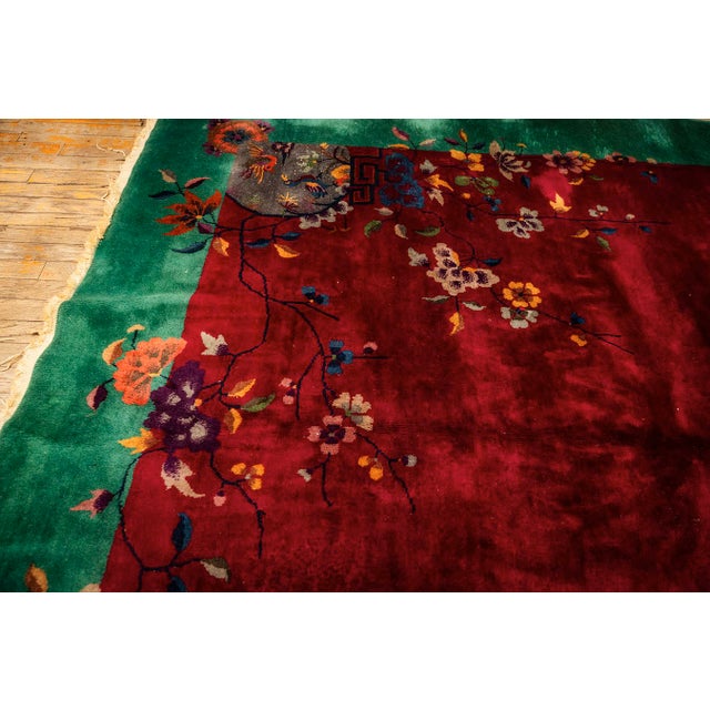 1920s 1920s Antique Red Bold Open Field Floral Modern Knotted Wool Chinese Art Deco Rug For Sale - Image 5 of 11