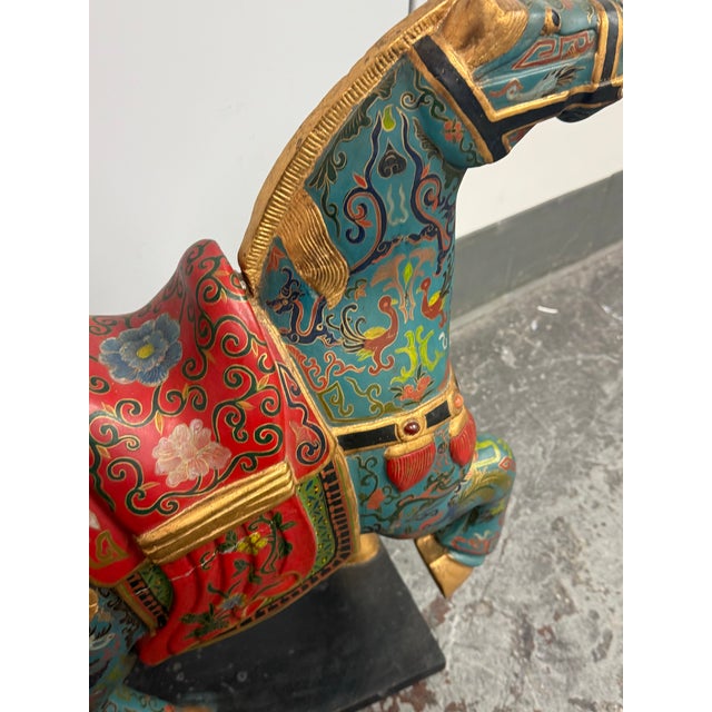 Blue Chinese Republic Period-Style Cloisonné Painted Wooden Horse, Vintage For Sale - Image 8 of 13