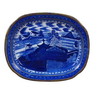 Antique Chinese Export Canton Blue Willow Gilt Plate Platter Tray 8" For Sale
