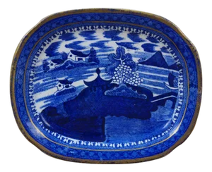 Antique Chinese Export Canton Blue Willow Gilt Plate Platter Tray 8"