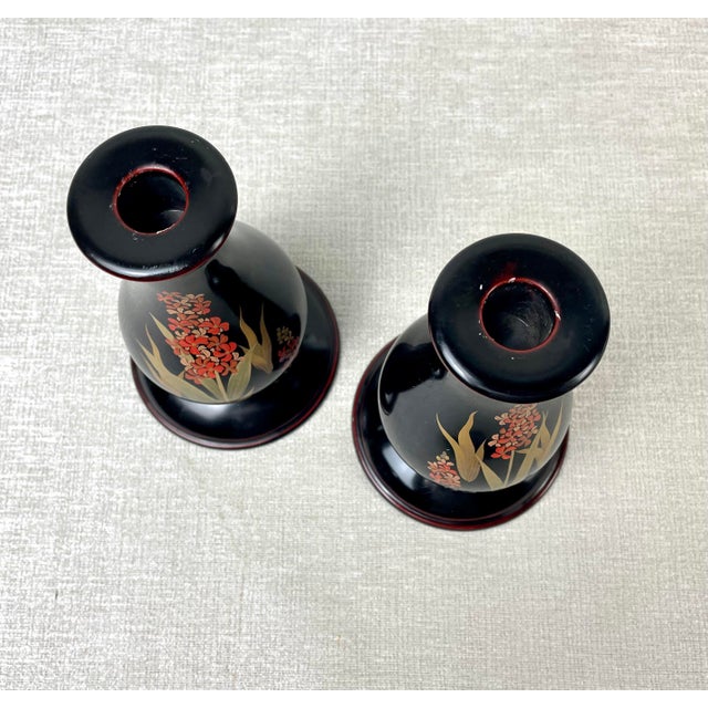 Vintage Lacquerware Candle Holders Candlesticks Floral Motif Signed