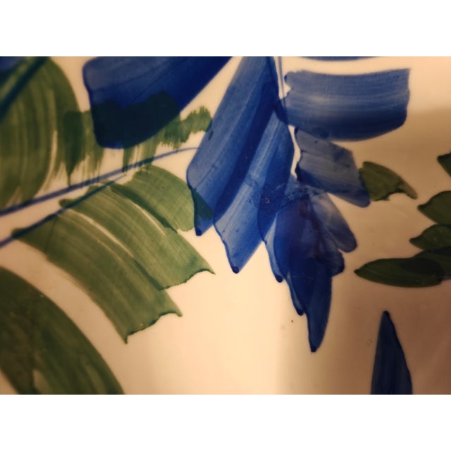 Japanese Antique Japanese Hand-Painted 7" Porcelain Bowl-Blue & Green Tropical Leaf Motif-Taisho Era (C. 1920's) For Sale - Image 3 of 5