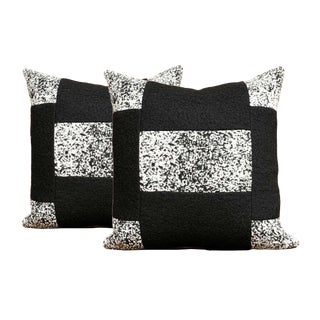 Black and White Color Block Wool Pillow Covers - A Pair For Sale