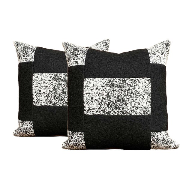 Black and White Color Block Wool Pillow Covers - A Pair For Sale