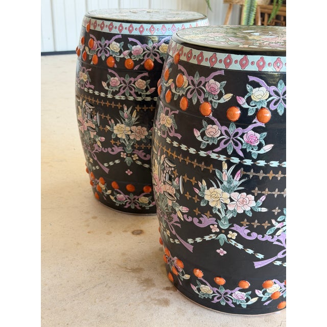 Late 20th Century Chinese Export Black Ground Famille Rose Porcelain Garden Stools For Sale - Image 9 of 12