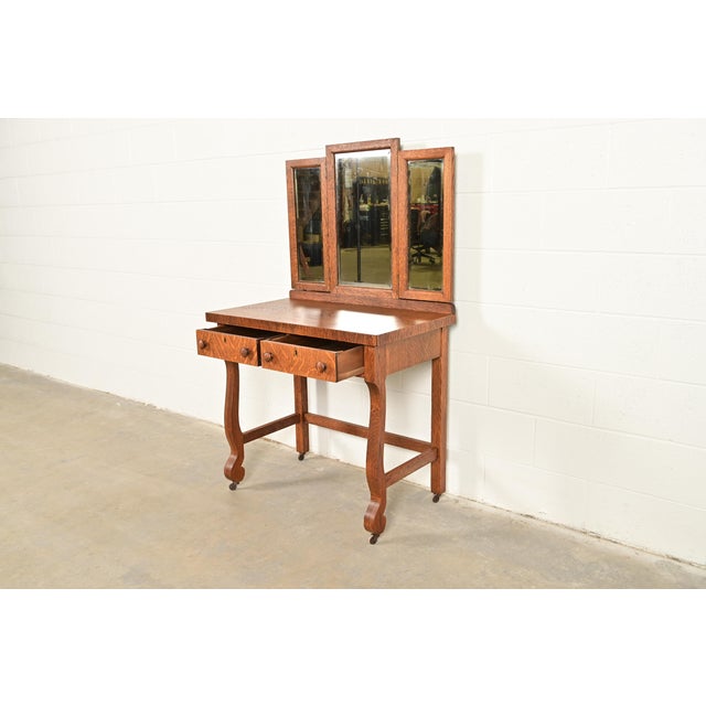 Early 20th Century Antique American Empire Tiger Oak Vanity Dressing Table With Mirror, Circa 1900 For Sale - Image 5 of 14