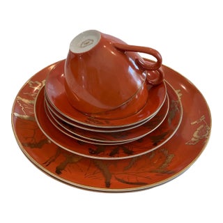 Mid 20th Century Dorothy C. Thorpe Persimmon Gold Butterfly Pattern China Set- 8 Pieces For Sale