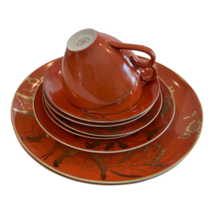 Mid 20th Century Dorothy C. Thorpe Persimmon Gold Butterfly Pattern China Set- 8 Pieces